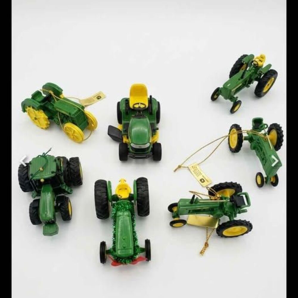 Lot of 7 Miniature John Deere Die-Cast and Plastic Tractor Ornaments